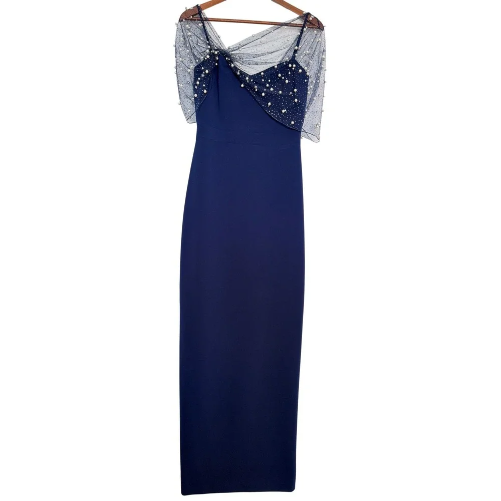 Theia Louella Pearl Shawl Gown Navy Embellished Evening Dress NWT Size 4 - Picture 2 of 8